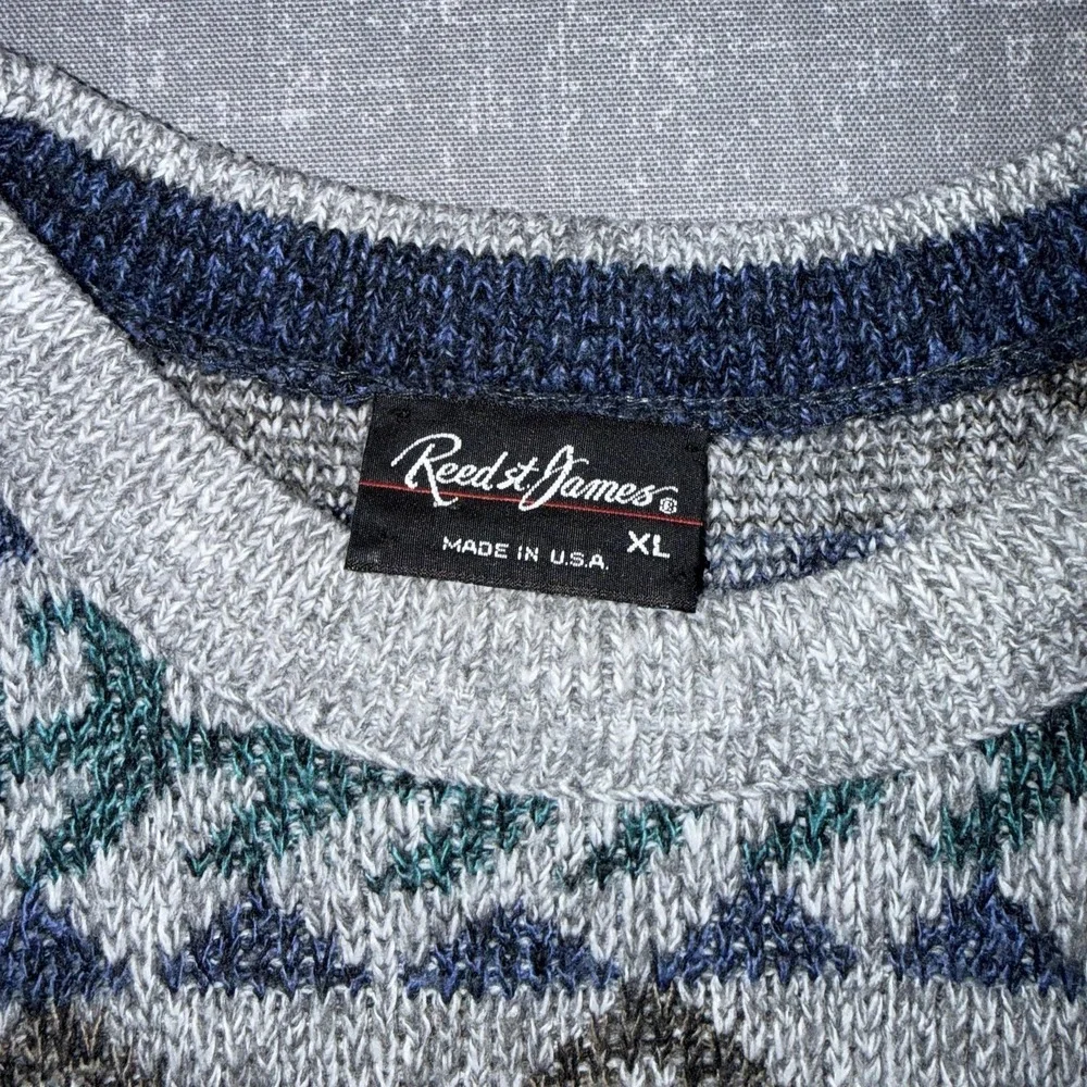 Reed St James Sweater Mens XL Gray Blue Green Geometric Knit Pullover USA Made
